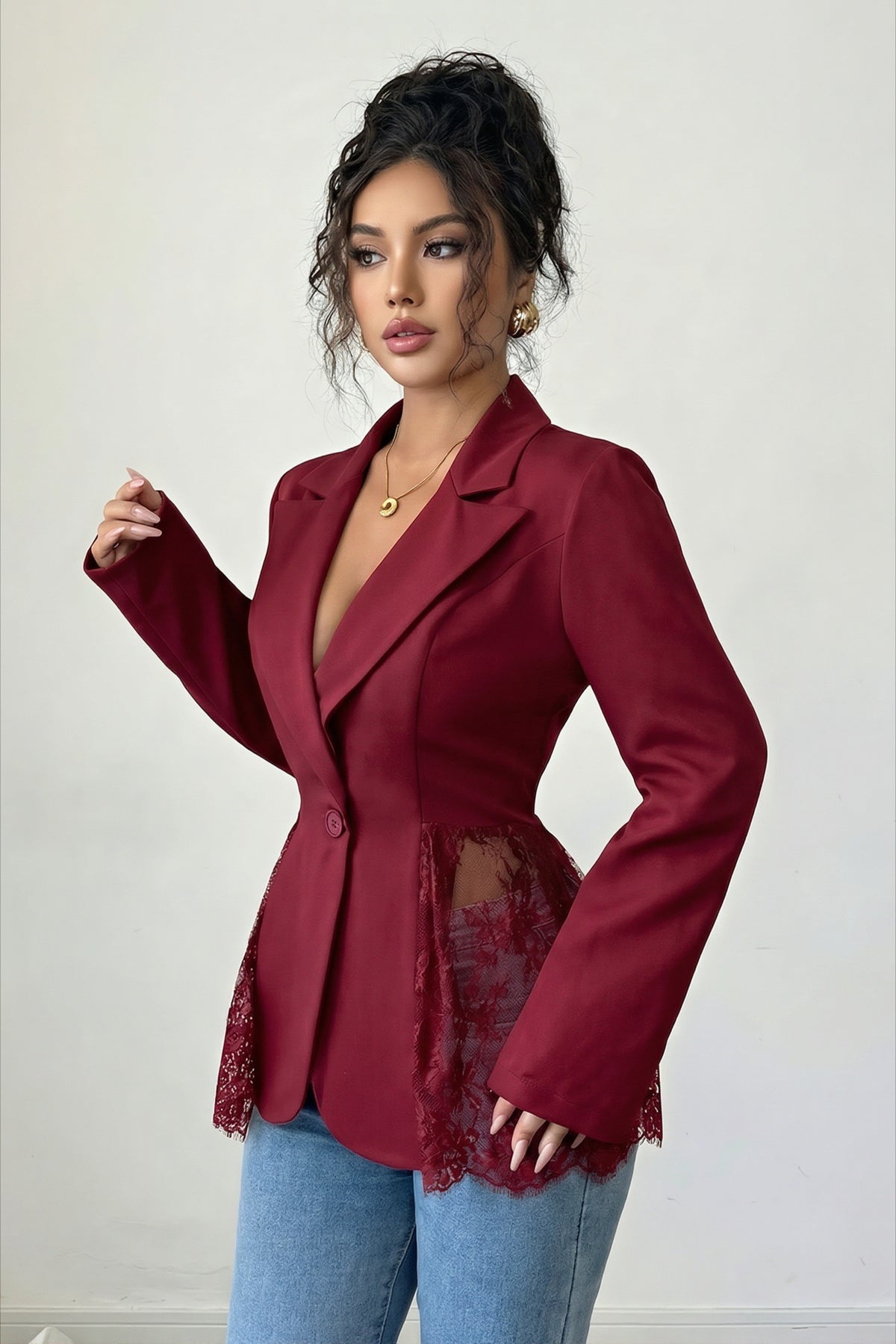 Sheer Lace Panel Single Button Tailored Longline Coat