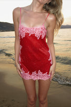 Contrast Lace Trim Sequin Slip Mini Dress