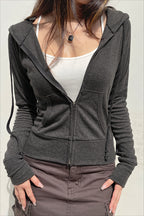 Ribbed Waist Fitted Zip Front Cropped Hoodie