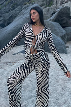 Zebra Print Mesh Tie Long Sleeve Two-Piece Set