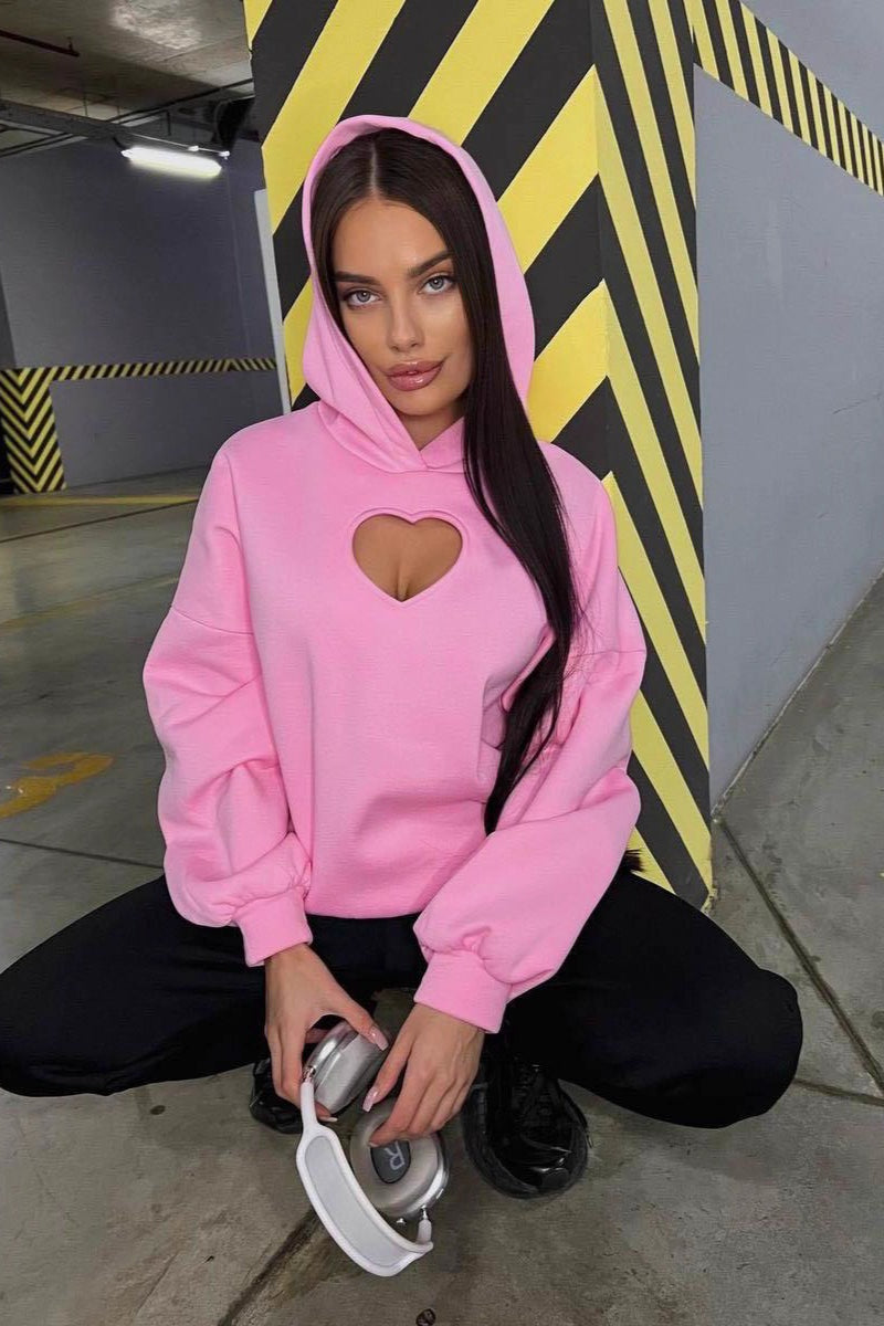 Solid Heart Cutout Long Sleeve Hoodie
