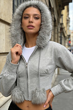 Faux Fur Trim Cropped Gray Zip Hoodie