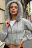 Faux Fur Trim Cropped Gray Zip Hoodie