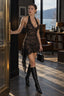 Sexy Lace Deep V Halter Open Back Ribbon Tie Mini Dress