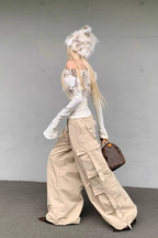 Vintage Printed Off Shoulder Fuzzy Collar  Crop Top