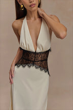 Lace Waist Plunge Halter Satin Maxi Dress