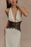 Lace Waist Plunge Halter Satin Maxi Dress
