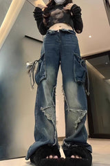 Y2K Vintage Gothic Star Pocket Straight Wide Leg Jeans
