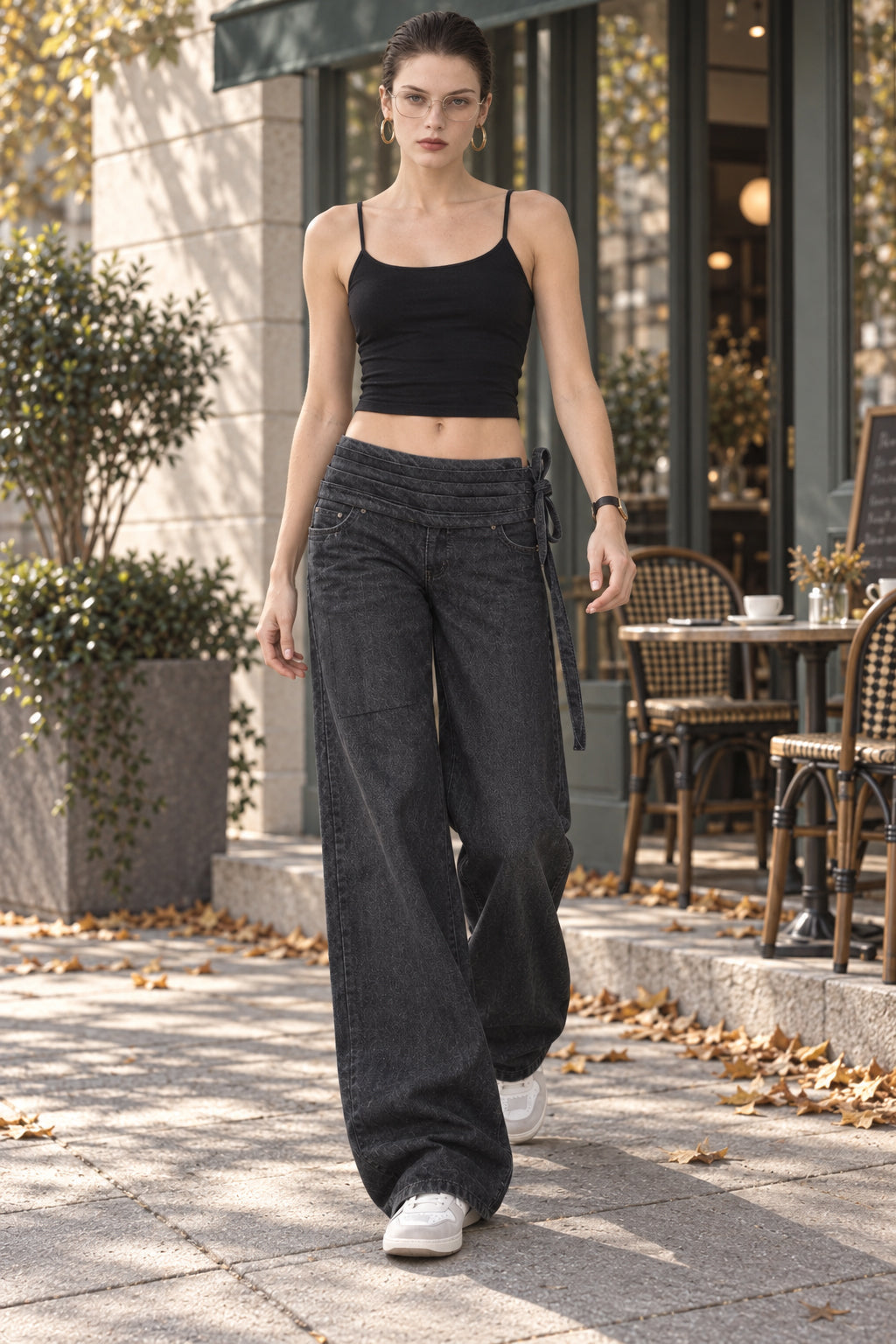 Drawstring Ruched Wide Leg Jeans