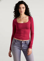 Y2K Lace Bow Paneled Slim U neck Long Sleeve Crop Top