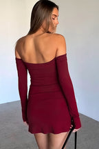 Solid Off-Shoulder Low Cut Ruched High Waist Elegant Cocktail Dress