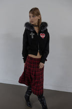 Rhinestone Cross Faux Fur Zip Front Hoodie