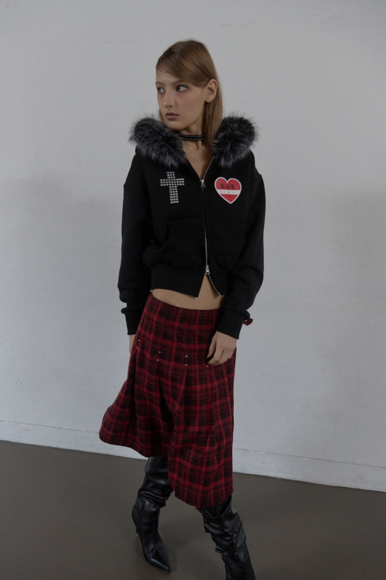 Rhinestone Cross Faux Fur Zip Front Hoodie