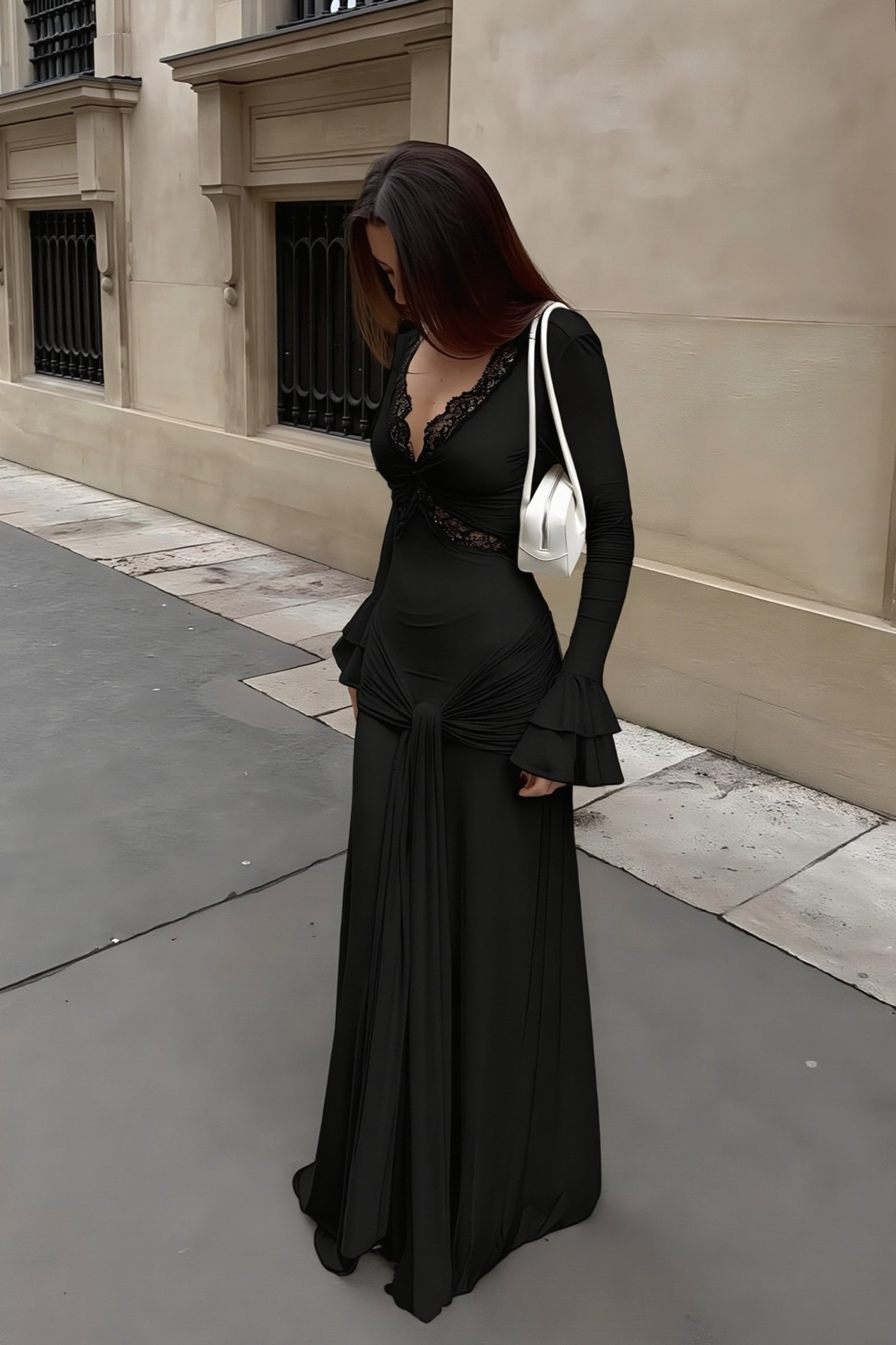 Lace Plunge Neck Bell Sleeve Maxi Dress