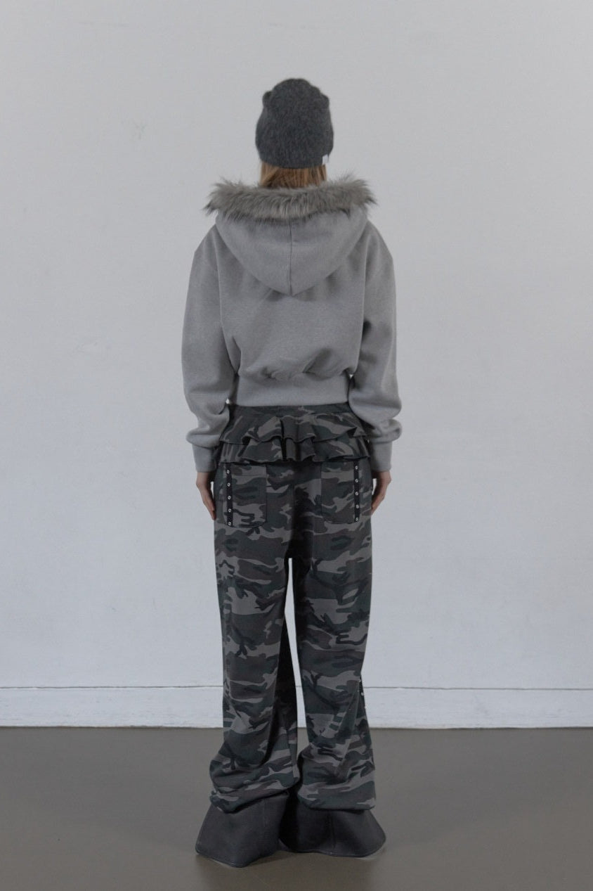 Rhinestone Cross Faux Fur Zip Front Hoodie