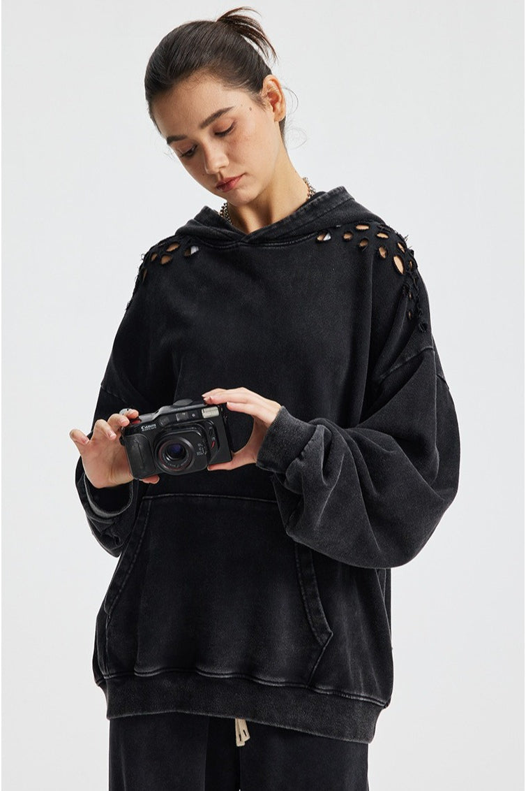 Ripped Washed Snow Print Hoodie Secondary image