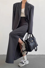 Wasteland Shoulder Pad Lapel Long Sleeve Drapey Blazer Split Midi Skirt Two Piece Set