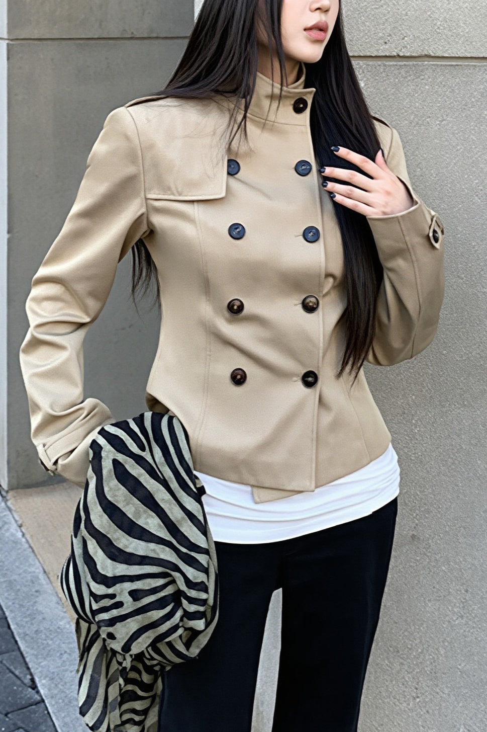 Stand Collar Peplum Double Breasted Belted Coat Secondary image