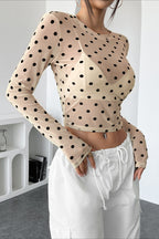 Polka Dot Sheer Mesh Long Sleeved T-shirts