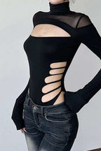 Asymmetrical Cutout Mesh Turtleneck Slim Bodysuit