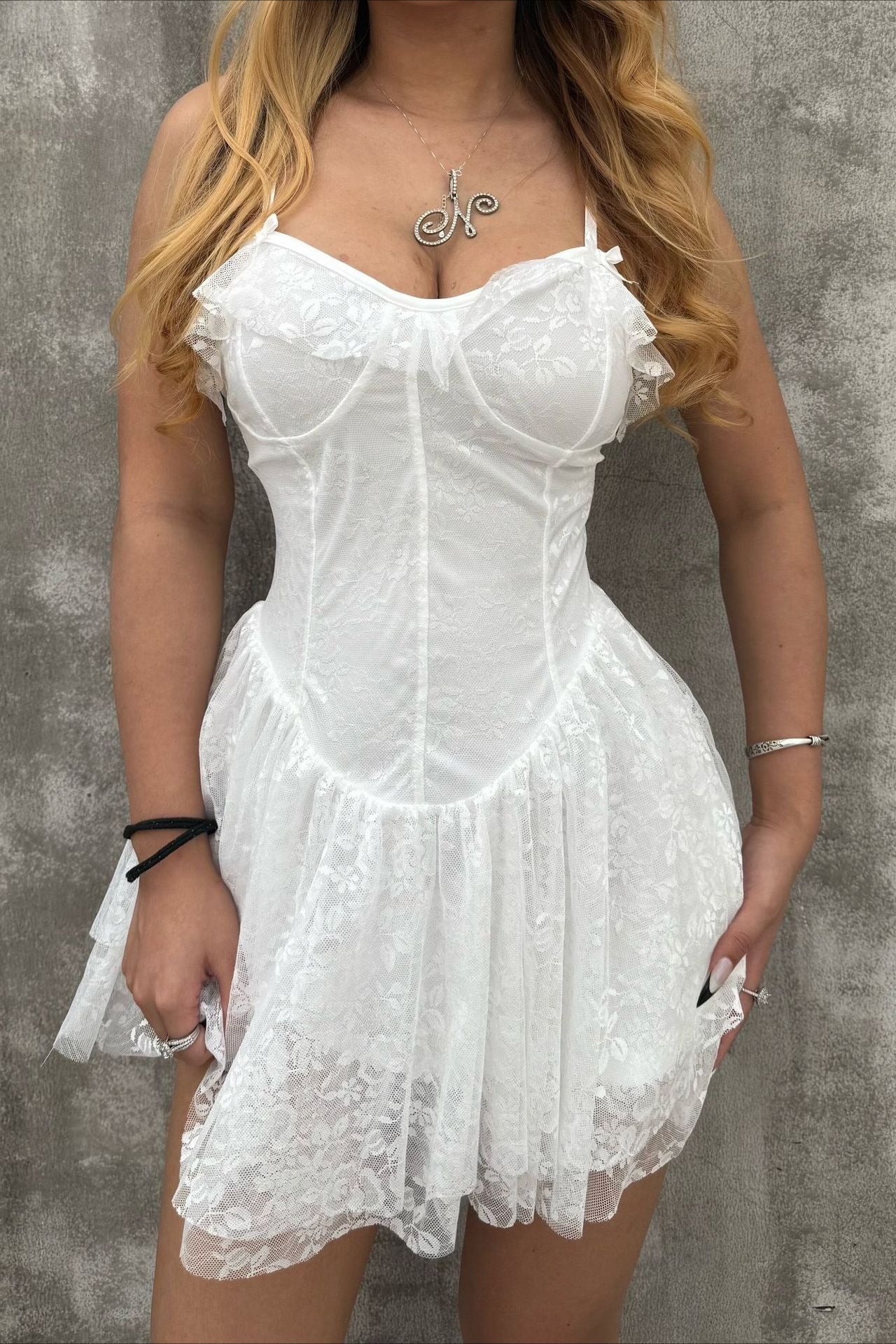 Solid V Neck Ruffled Lace Dress Secondary image