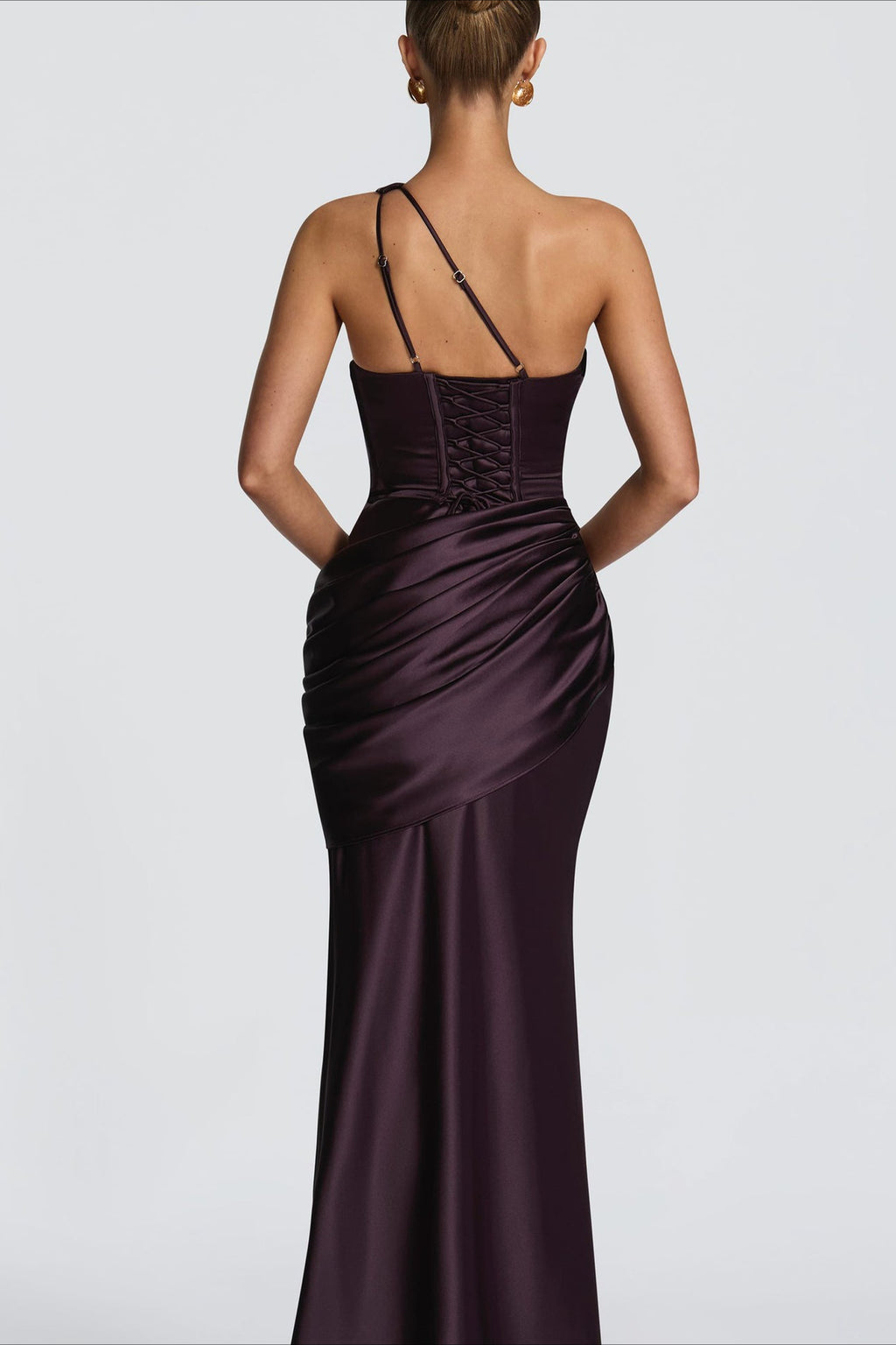 One Shoulder Cutout Ruched Satin Maxi Dress