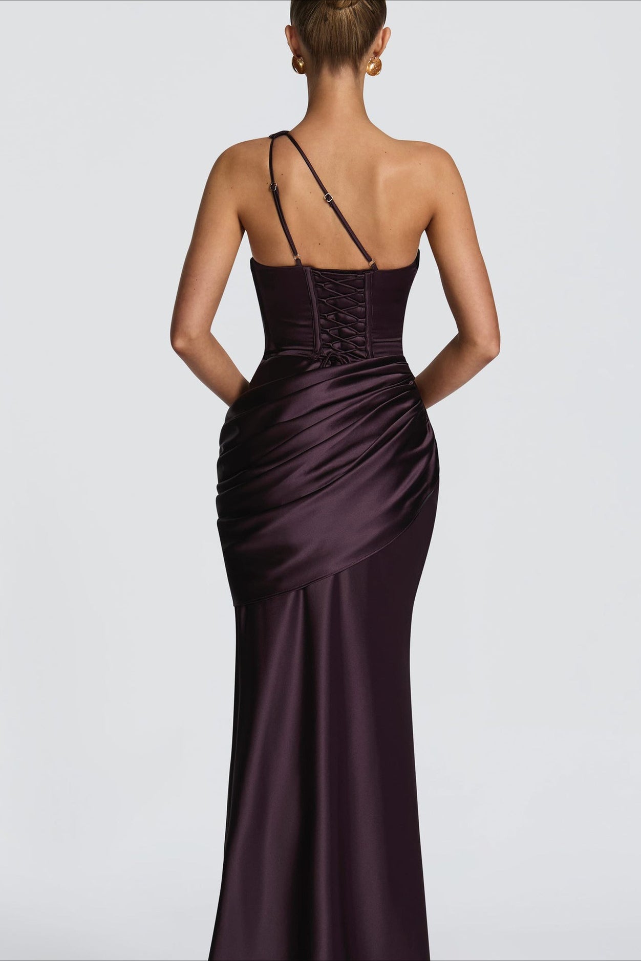 One Shoulder Cutout Ruched Satin Maxi Dress