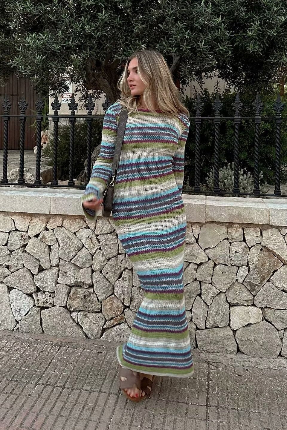 Slim Striped Long Sleeve Knit Fashionable Sweater Dress Secondary image