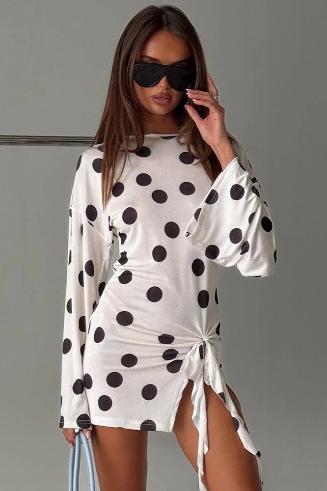 Long Sleeve Polka Dot Side Tie Bodycon Mini Dress Main image