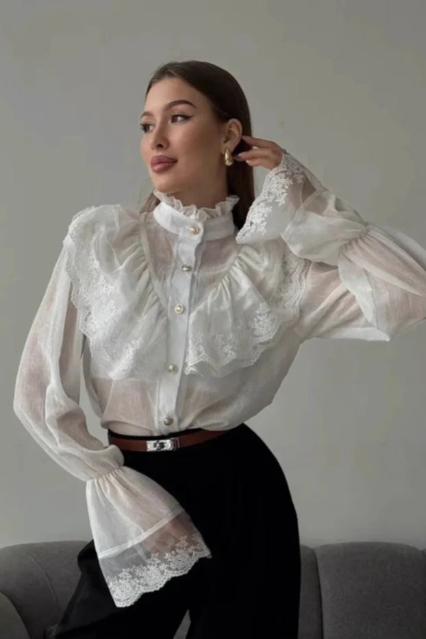 Chiffon Ruffle High Neck Long Sleeve Top Secondary image