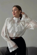 Chiffon Ruffle High Neck Long Sleeve Top