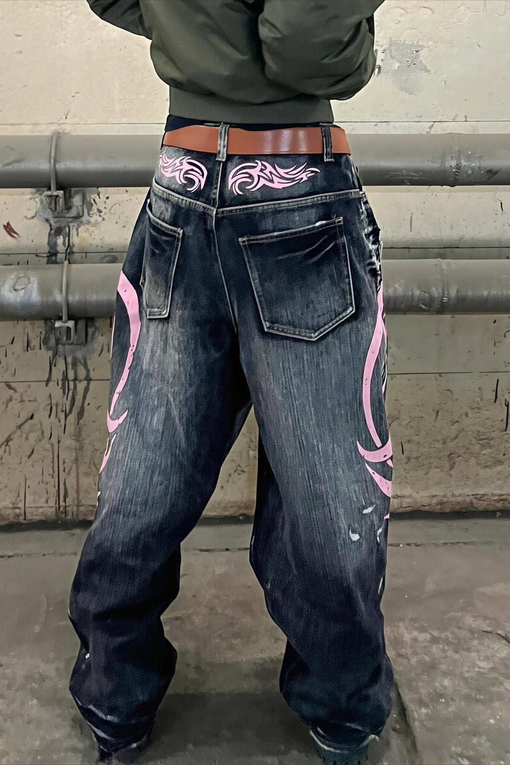Washed Printed Loose Fit Wide Leg Jeans