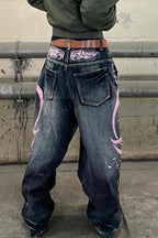 Washed Printed Loose Fit Wide Leg Jeans