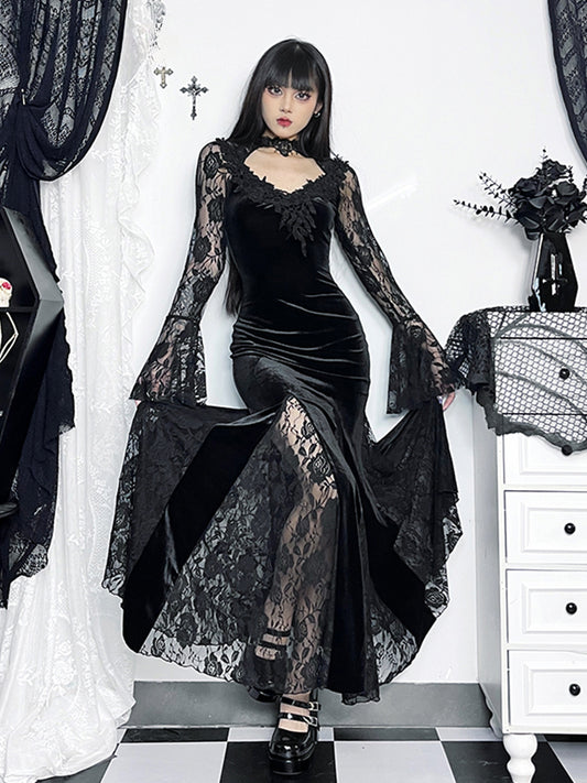 Gothic Long Sleeve Lace Ruched Fishtail Bodycon Mermaid Cocktail Maxi Dress