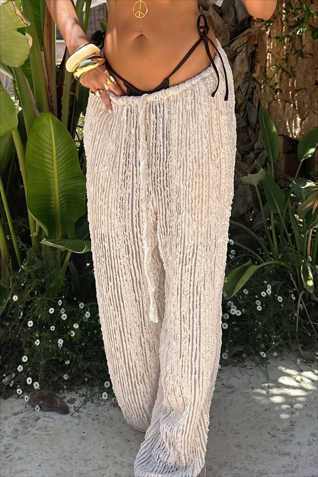 Textured Lace Drawstring Wide Leg Pants
