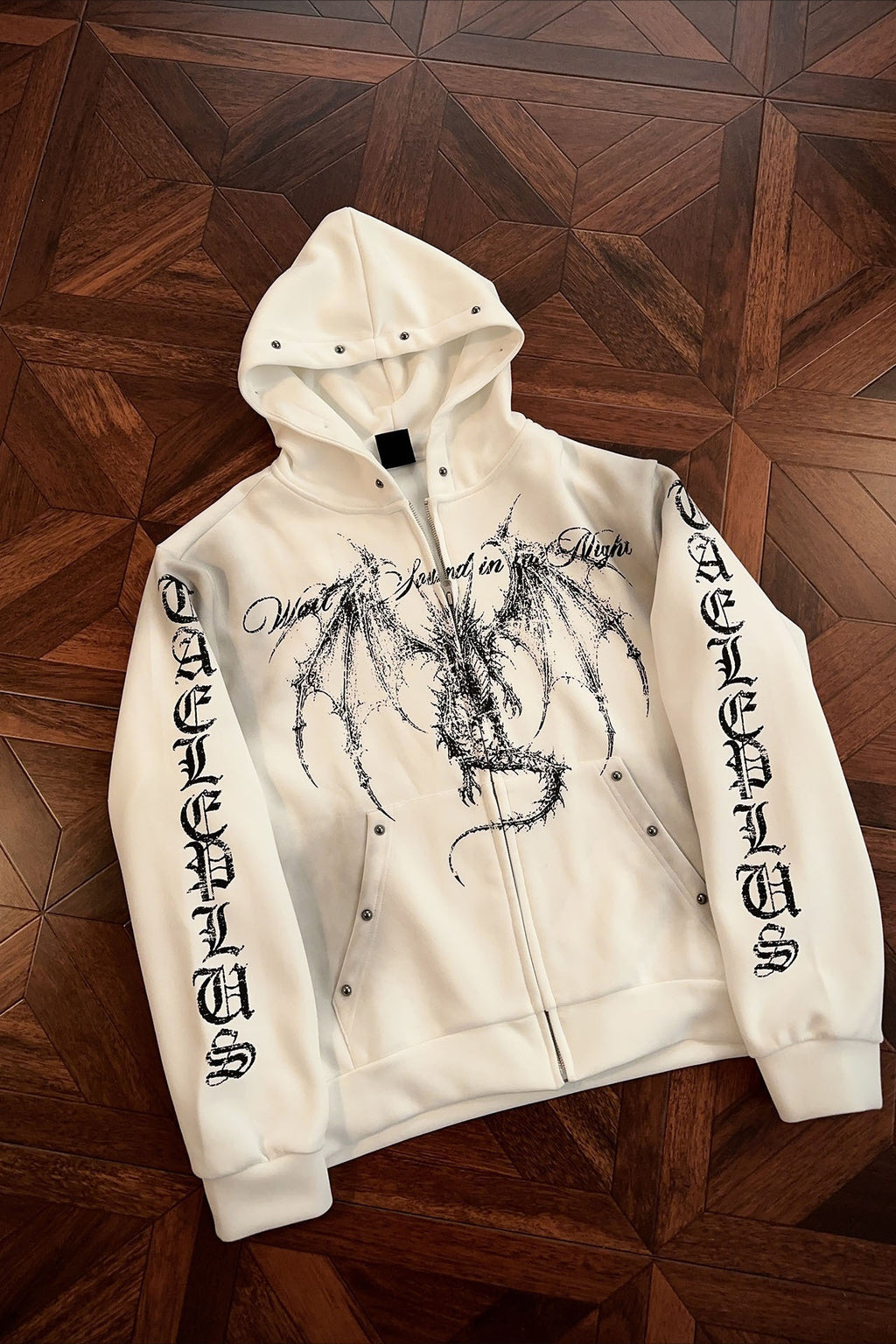 Gothic Dragon Graphic Studded Zip Hoodie