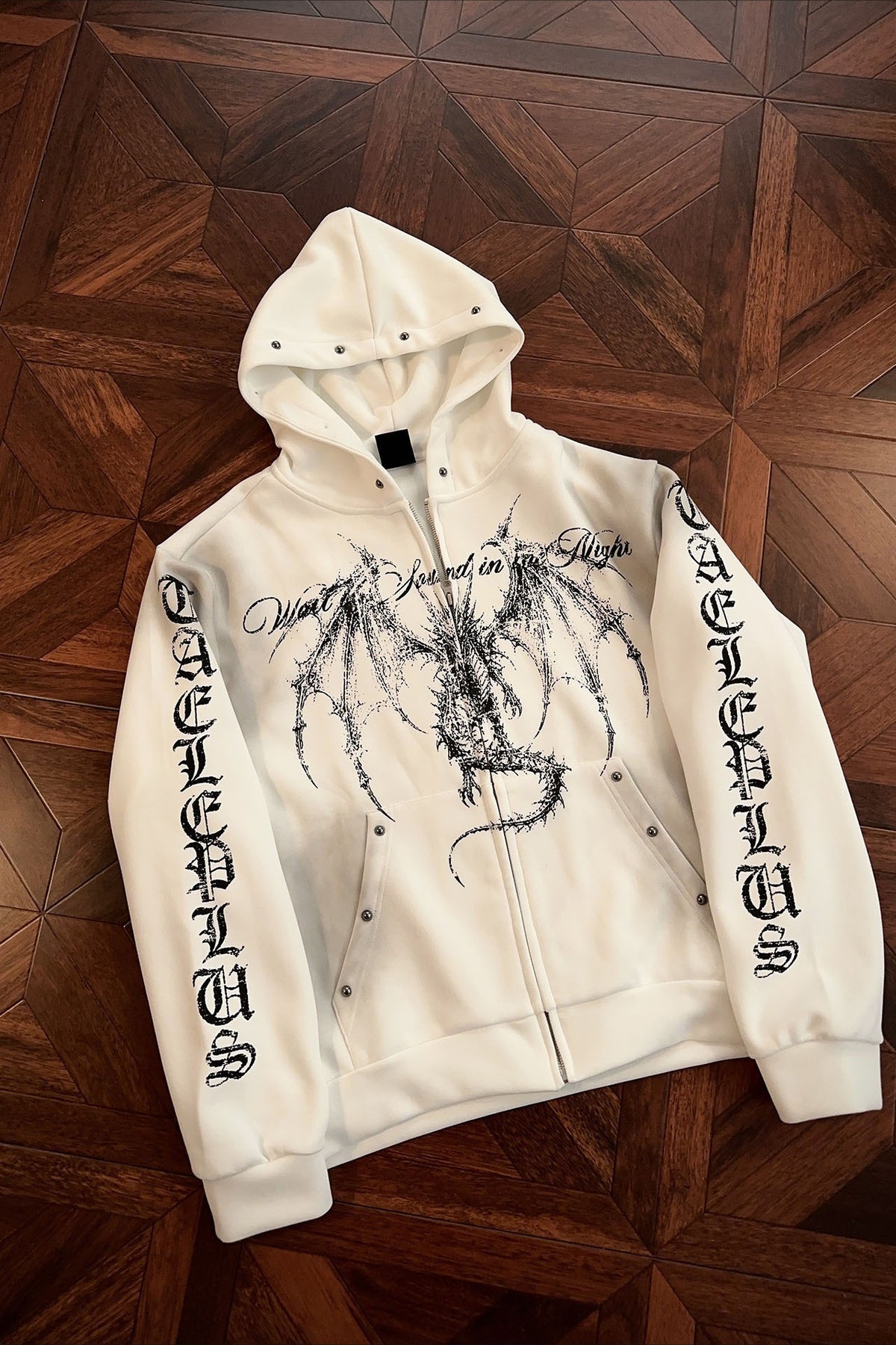 Gothic Dragon Graphic Studded Zip Hoodie