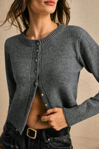 Solid Crew Neck Cropped Button Cardigan Sweater