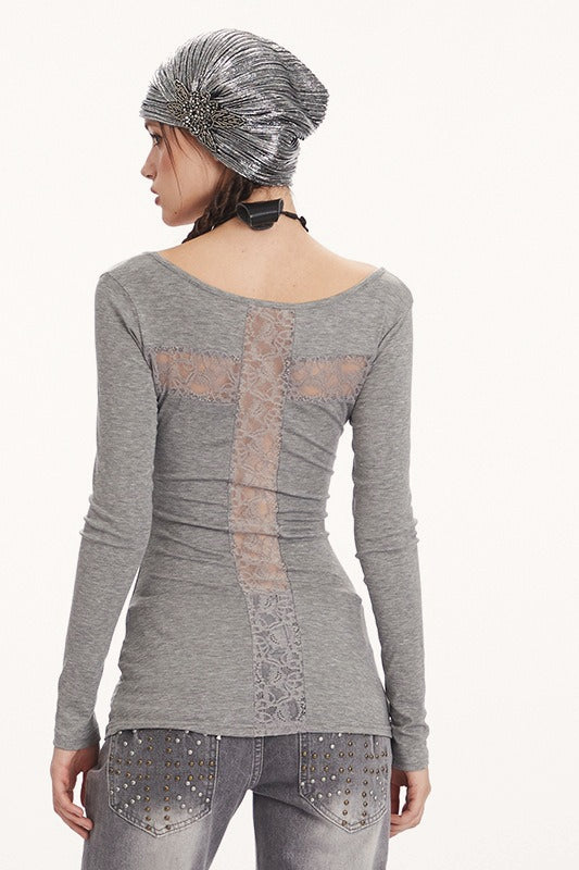 Sheer Lace Trim Long Sleeve Top Secondary image