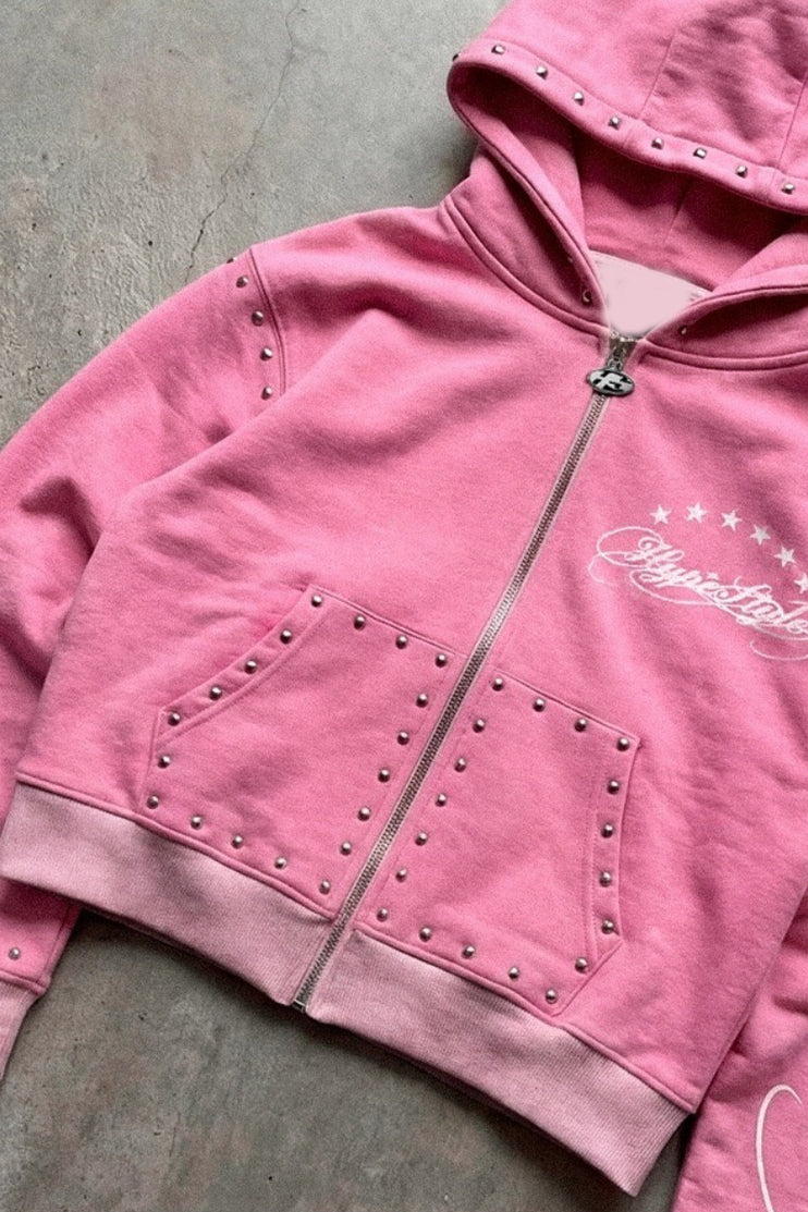 Street Rhinestone Print Zip Detail Hoodie