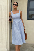 Elegant Striped Square Neck Vacation Dress