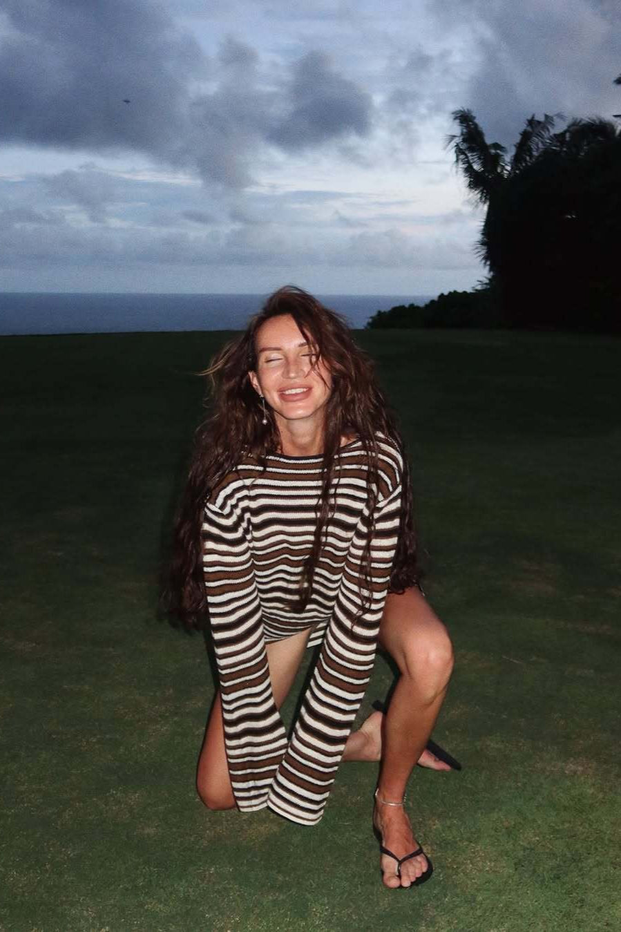 Striped Open Back Loose Long Sleeve Mini Dress