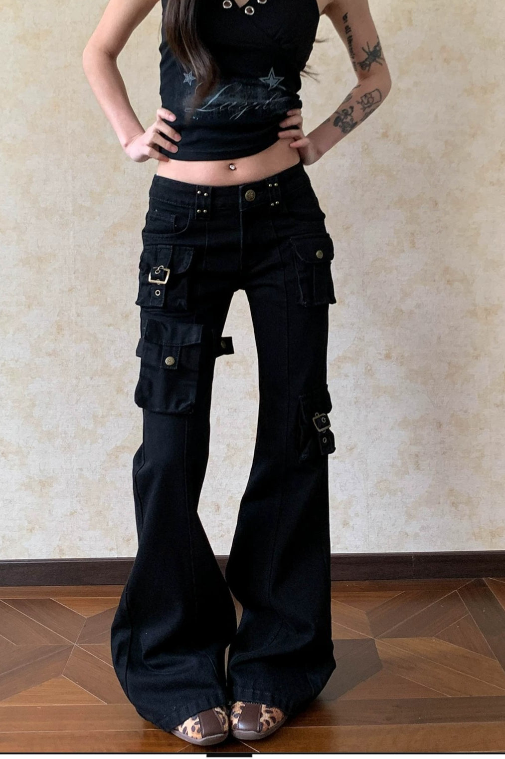 Low Rise Buckled Cargo Flare Jeans