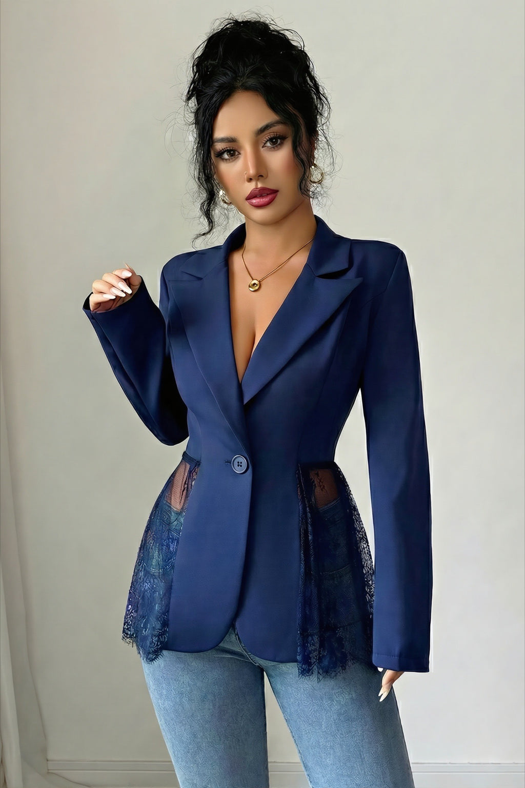 Sheer Lace Panel Single Button Tailored Longline Coat