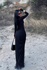 Ruched Mock Neck Long-Sleeve Work Dress