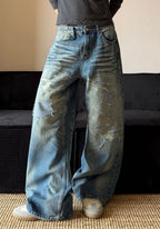 Vintage Washed Distressed Straight Leg Jeans
