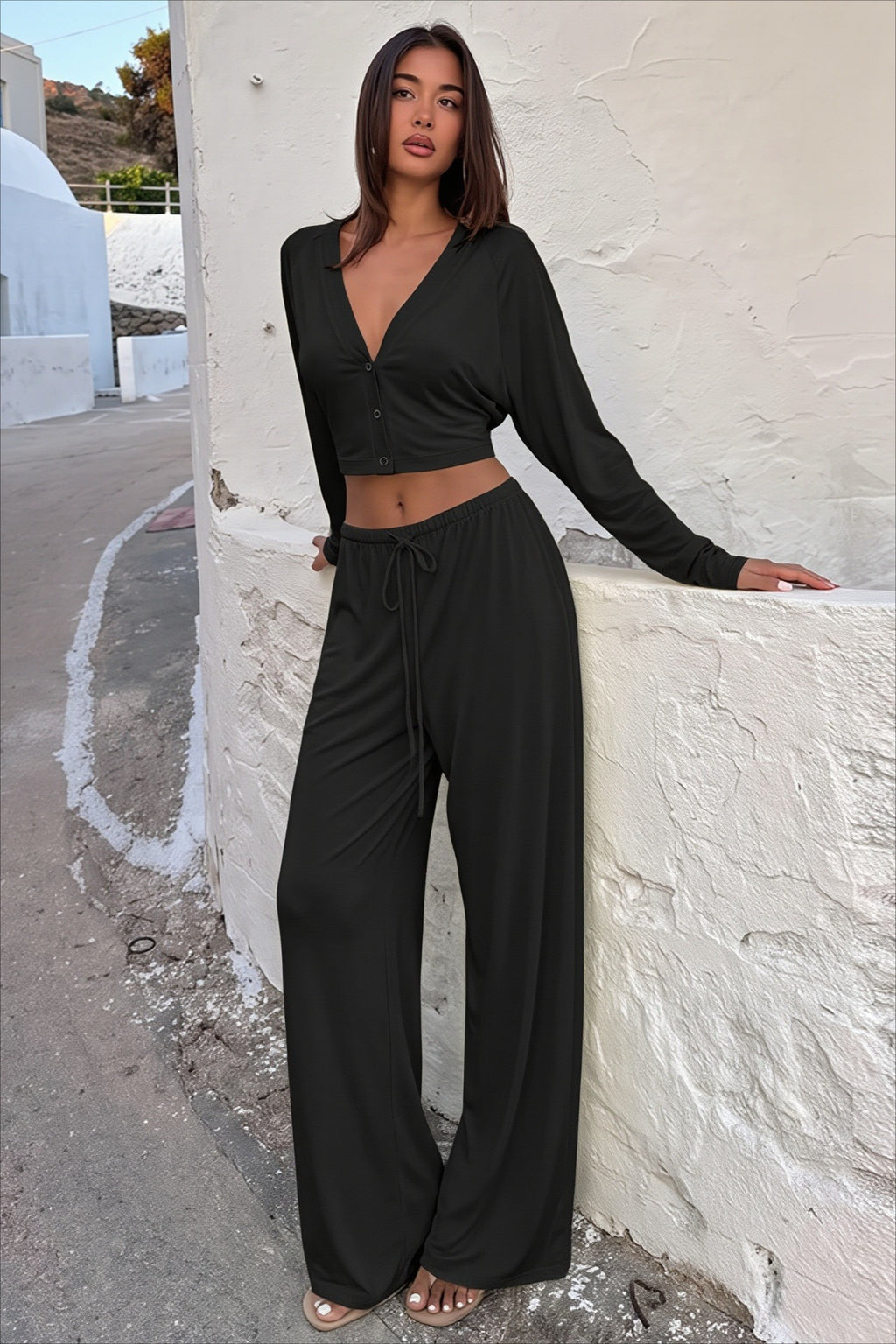 V-Neck Snap Button Tie Longline Two-Piece Set