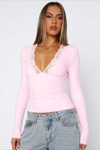 V Neck Lace Trim Bodycon Cropped Short Sleeve Tee