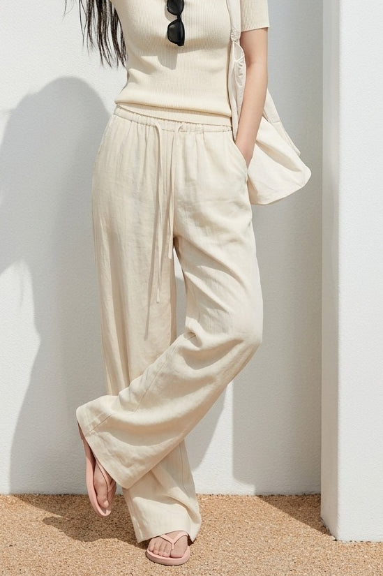 Relaxed Washed Linen Wide Leg Drawstring Pants Main image