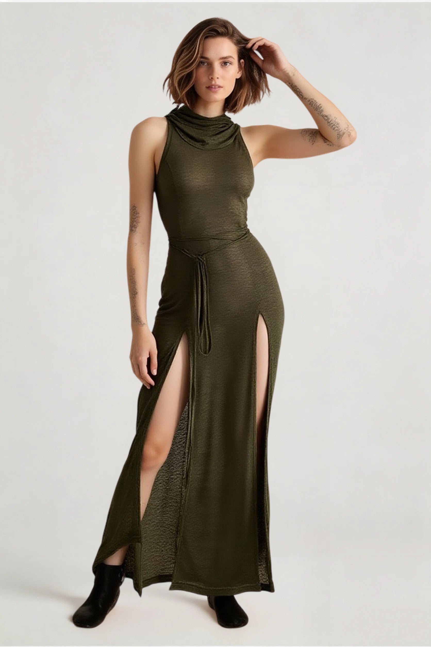 Hollow Back Slit Hooded Midi Dress Main image